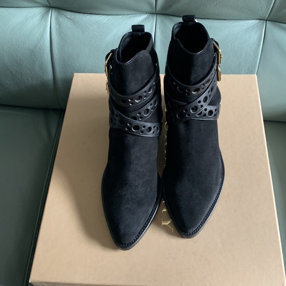 BURBERRY Black Suede Metal Logo Ankle Boots - Picture 13 of 15